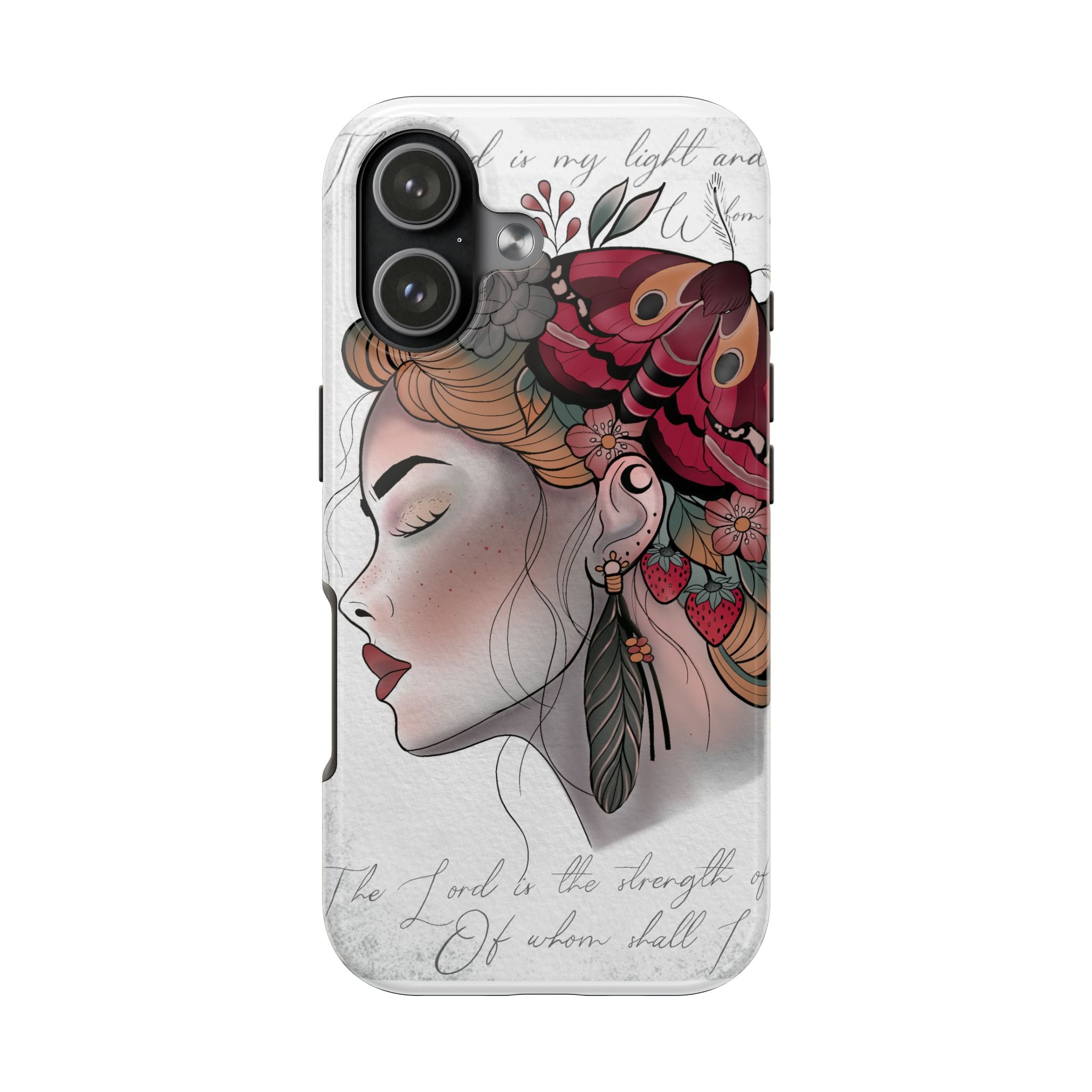 Artistic Floral Woman Tough Phone Case — Boho Vintage Portrait iPhone Case with Script Background