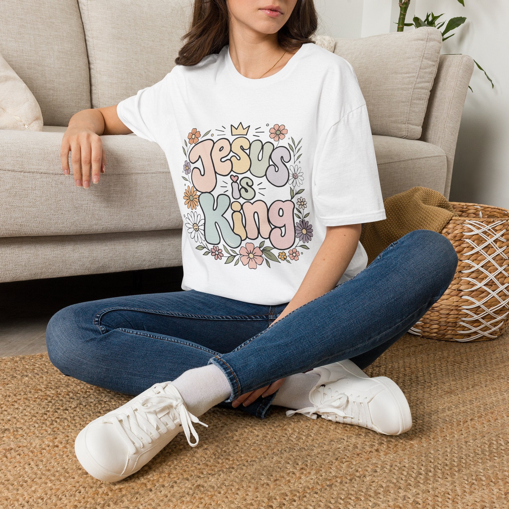 Jesus Is King Floral T-Shirt — Retro Pastel Christian Tee